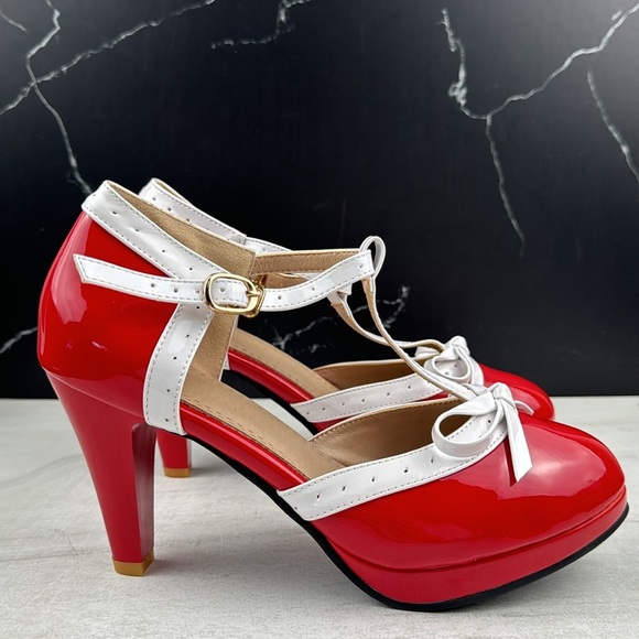 ForeMode Fashion T-Strap Bow Platform Round Toe High Heels Red/White sz 9 - Picture 5 of 11